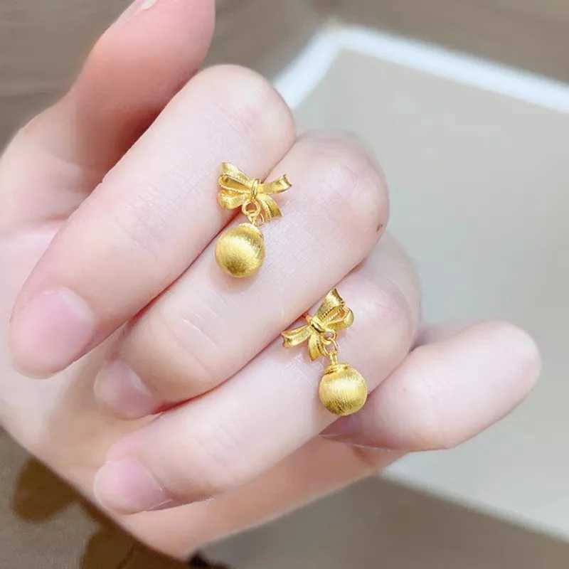 24K gold AU999 bow brush spherical stud earrings hand polished luxury earrings birthday gift with gift box Y250401