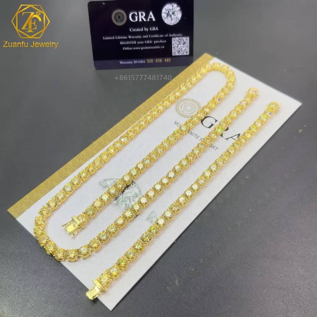 Colored Diamond Iced Out Golden Yellow Moissanite Tennis Necklace 925 Sterling Silver Plated Yellow K Gold Chain 3mm 4mm 65mm