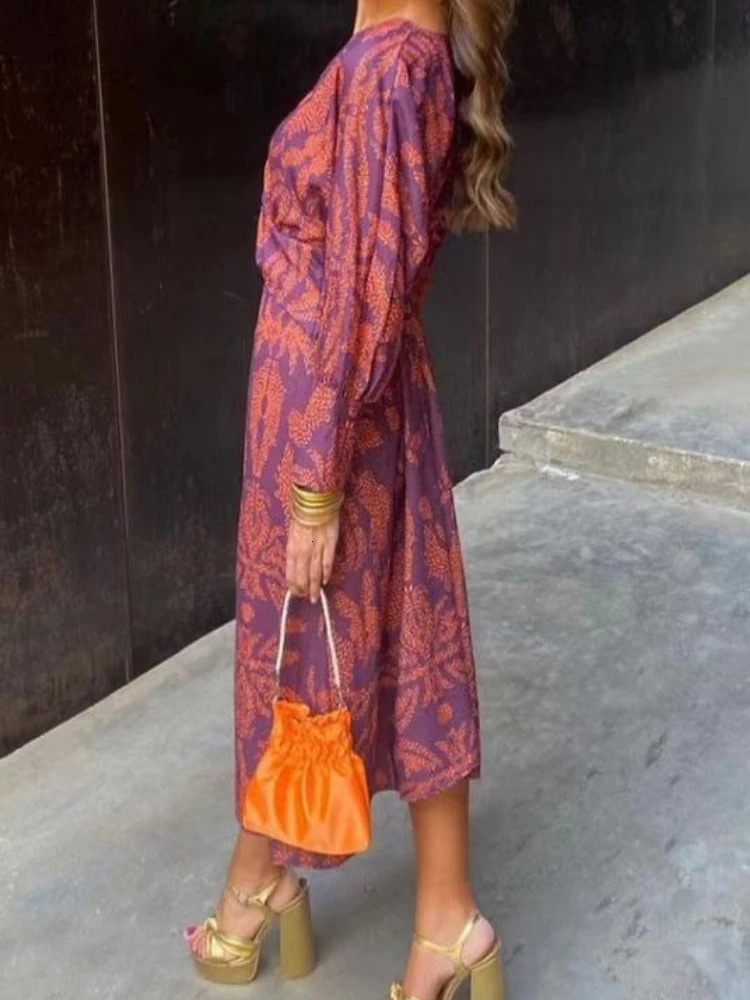 Elegant Streetwear Dres Spring Womens Retro Printed V Neck Long Sleeved Casual Comfortable Medium Length Dress 251030