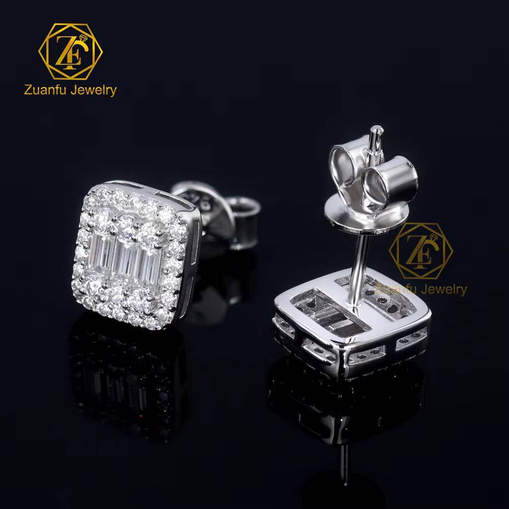 Hot Sale Luxury Moissanite Stud Earrings Men Women 925 Silver Hiphop Jewelry D VVS Baguette Moissanite Cluster Diamond Earrings