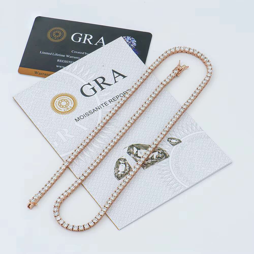 Hot Selling Fashion Jewelry 3mm 925 Silver Rose Gold Plated Hiphop Tennis Link Chain Round Brilliant Cut Moissanite Necklace