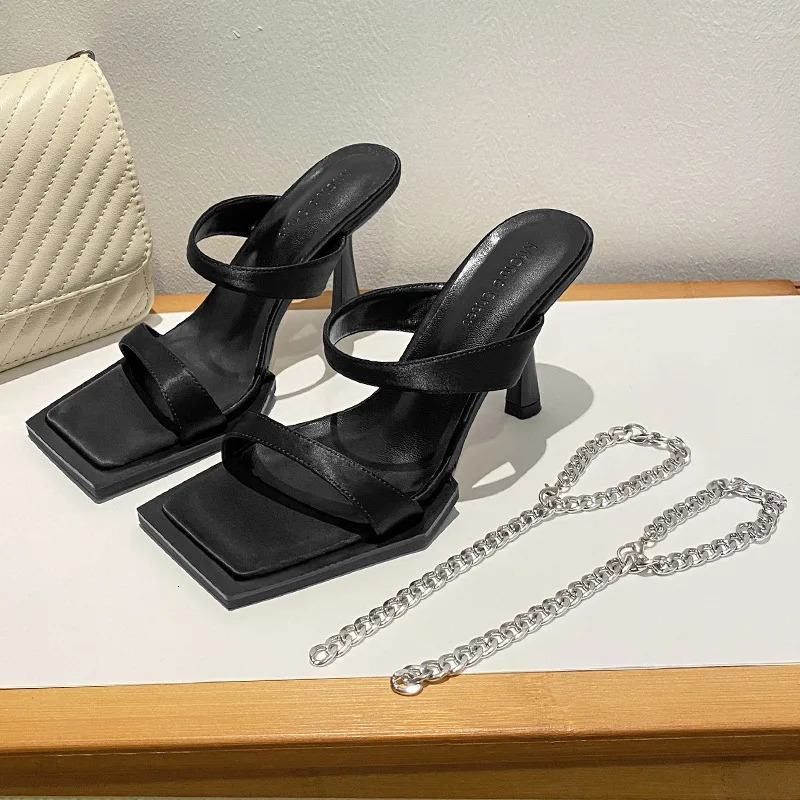 Summer Square toe high heels with exposed toes womens fashionable wine glasses and wide soled chain sliders 250402BJ - view 4