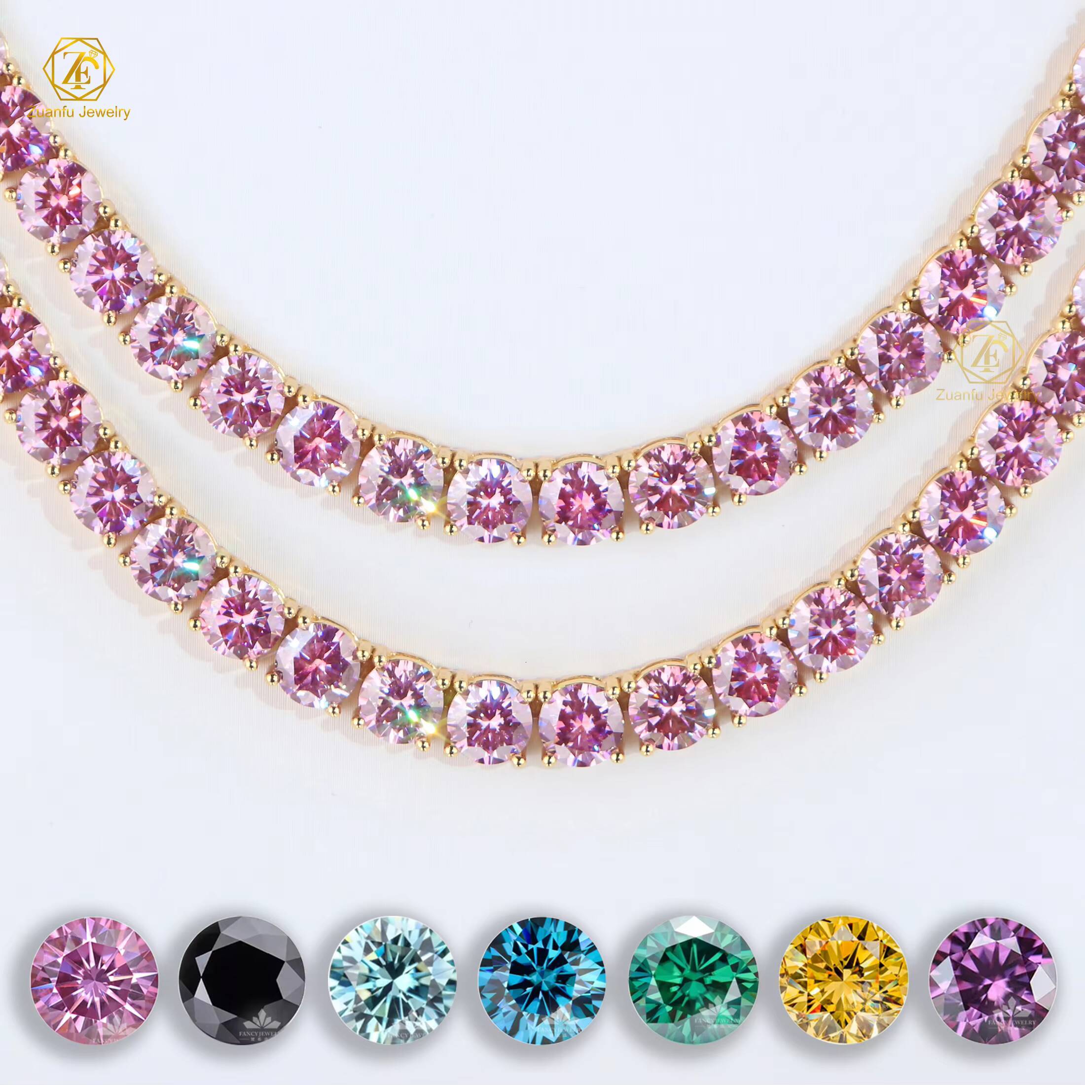 Classic Design Stylish Pink Color 925 Sterling Silver 3mm 4mm 65mm Moissanite Tennis Bracelet Necklace