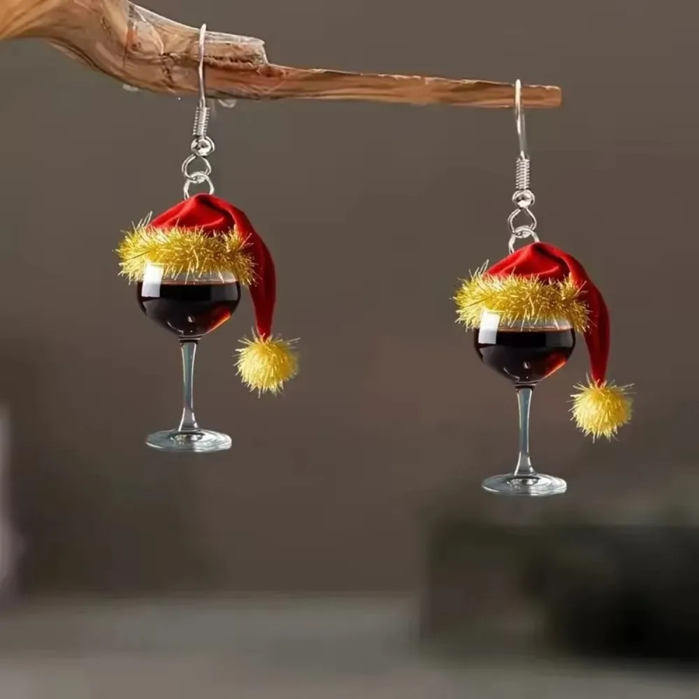 Festive Atmosphere Christmas Hat Gifts Christmas Pendant Earrings Red Wine Glass Wine Glass Acrylic Earrings Year 251031