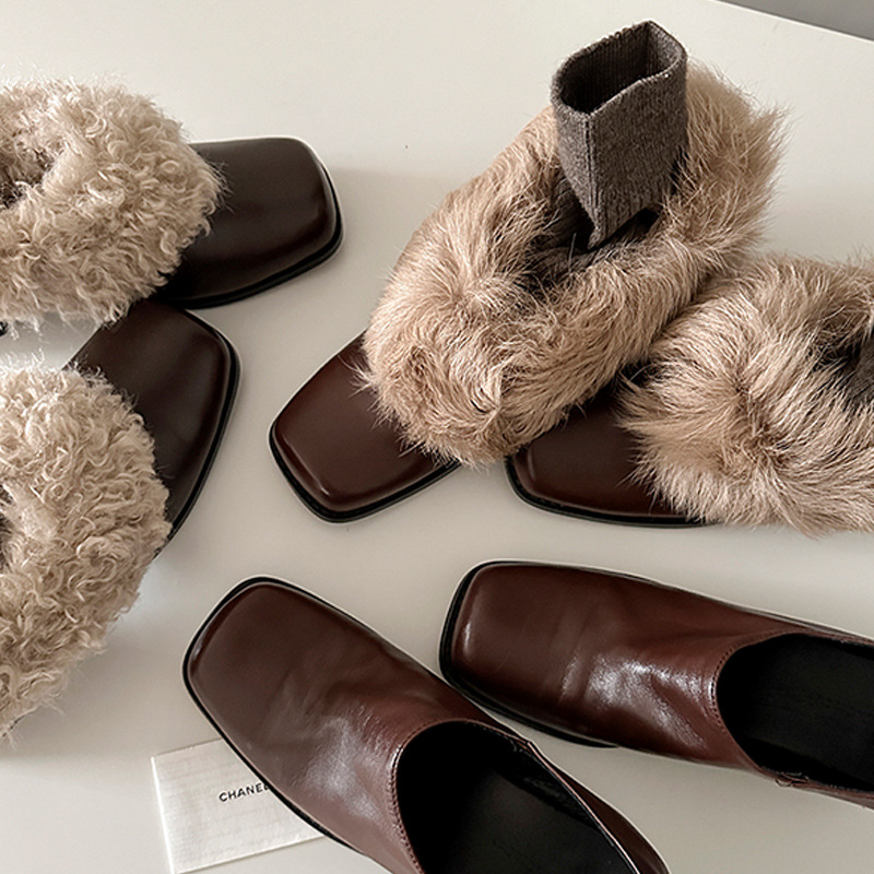 Cowhide version ~ square toe wool shoes one foot retro fleece warmth Mary Jane small leather shoes cotton shoes thick heel shoes