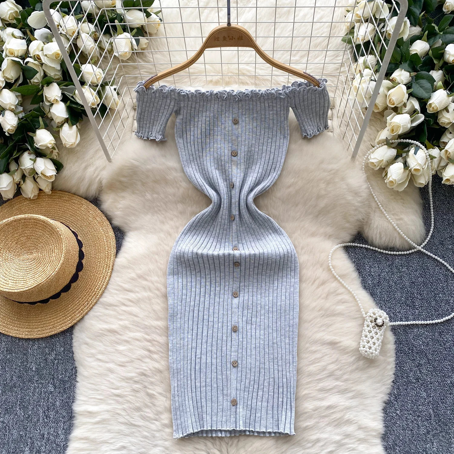 2025 Pink Solid Button Front spaghetti Dress Sexy Knitted Slant Neck Mini Body Clothing Ruffles 250402m