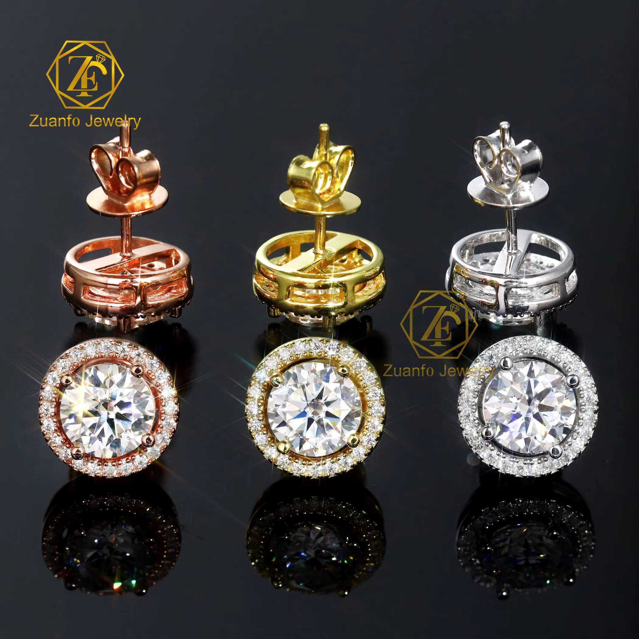 Factory Cheap Price Man Made 925 Sterling Silver 18K Gold Plated 65mm 1CT 2CT D VVS1 GRA Round Halo Moissanite Diamond Earrings