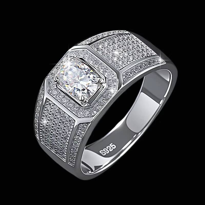 With GRA S925 Sterling Silver Full Diamond Inlay Oval Cut Vvs D Color 1Ct White Moissanite Ring for Men Wedding Band