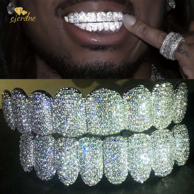 Custom Vvs Moissanite Grillz Iced Out Hip Hop Dia Teeth Rappers Top 8 10 Bottom Gold Plated Sterg Sliver grillz with GAR