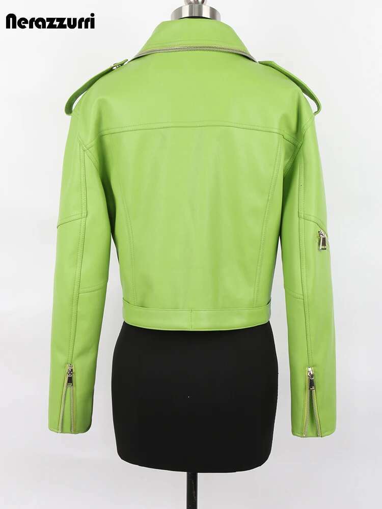 Nerazzurri Spring Autumn Colored Green Black Short Leather Biker Jacket Women Zipper Cool Designer Clothes Fashion 2022