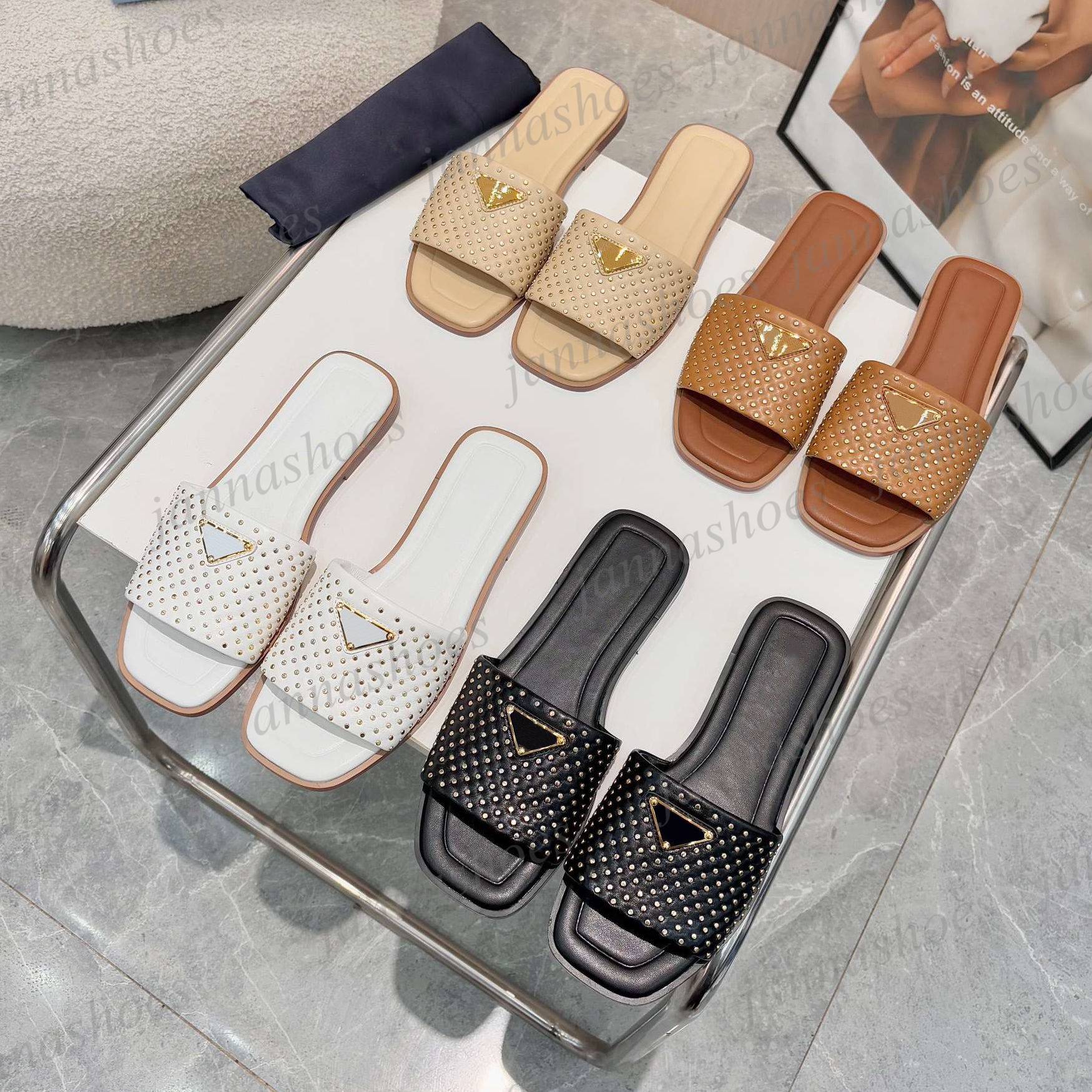 Designer slippers Crochet Sandals Women Slides Slipper Leather Details Ladies Flat Beach Summer Fall Mules Outdoor Waterproof size 35-43