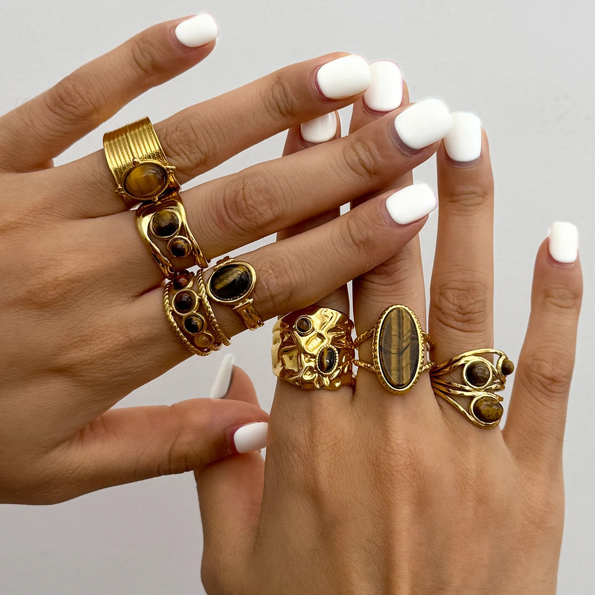 Uworld Vintage Natural Stone Tiger Eye Stone Oval Ring 18k Gold Color Plated Stainless Steel Hollow Line Ring Womens Jewelry 251031