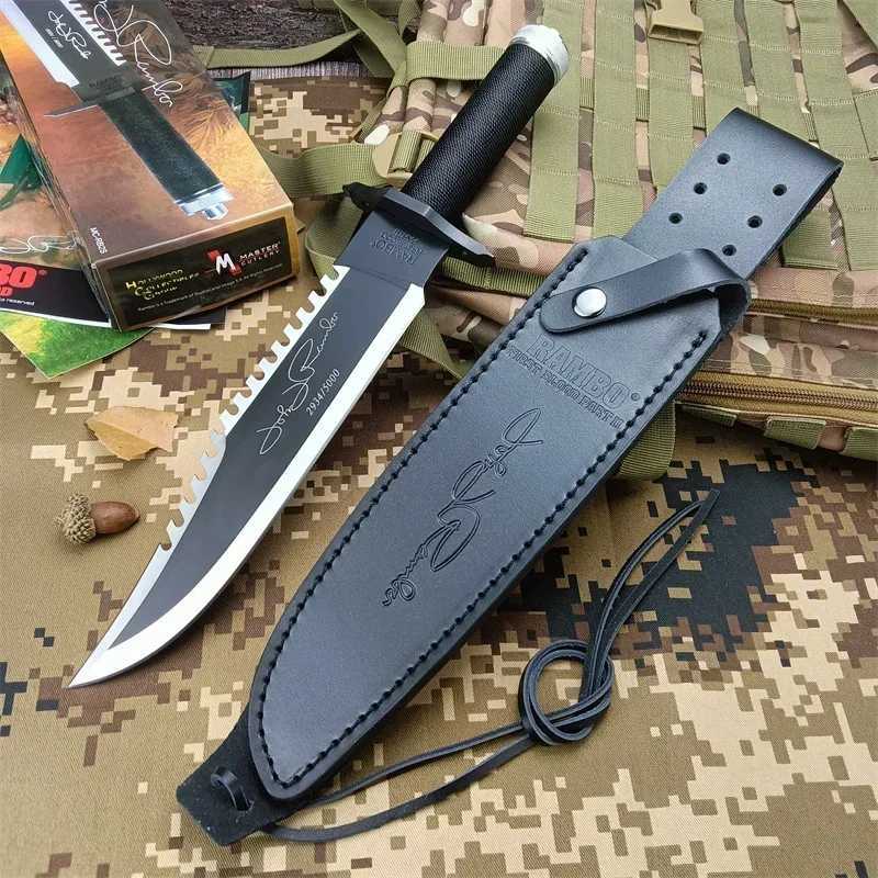 Tactical Rambo II Survival Knife 420 Steel Tube Packaging Paraflow Handle 9Cr8Mov Blade Outdoor Hunting and Rescue Fixed BladeW250402