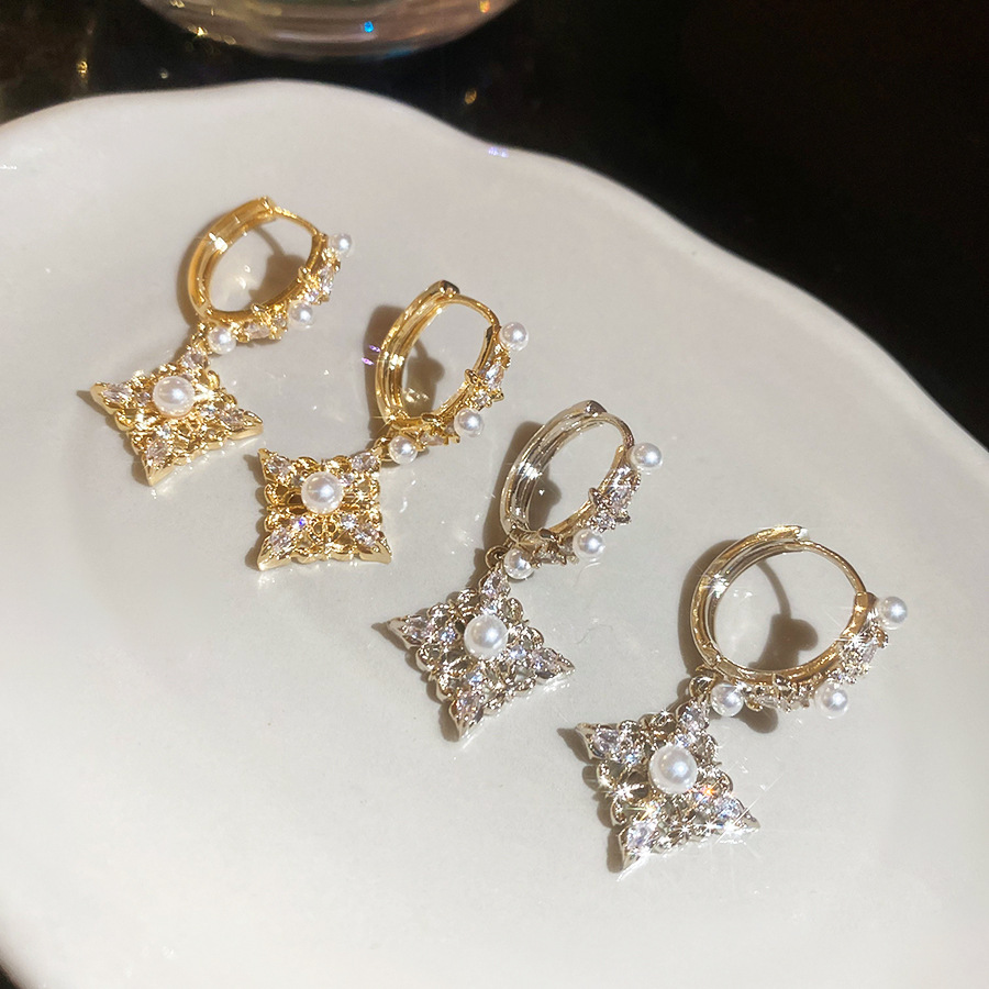 18K Real Gold Plated Zircon Rhombus Pearl Vintage Luxury High-end Niche Earrings for Women - view 5