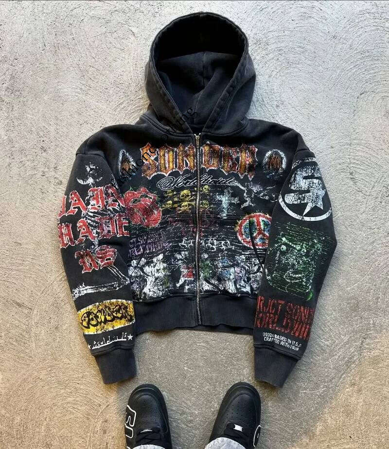 Street Hip-hop Punk Rock Clothing Men European and American Y2k Haruku Trendy Zipper Hoodie Loose Oversized Sweatshirt Couple