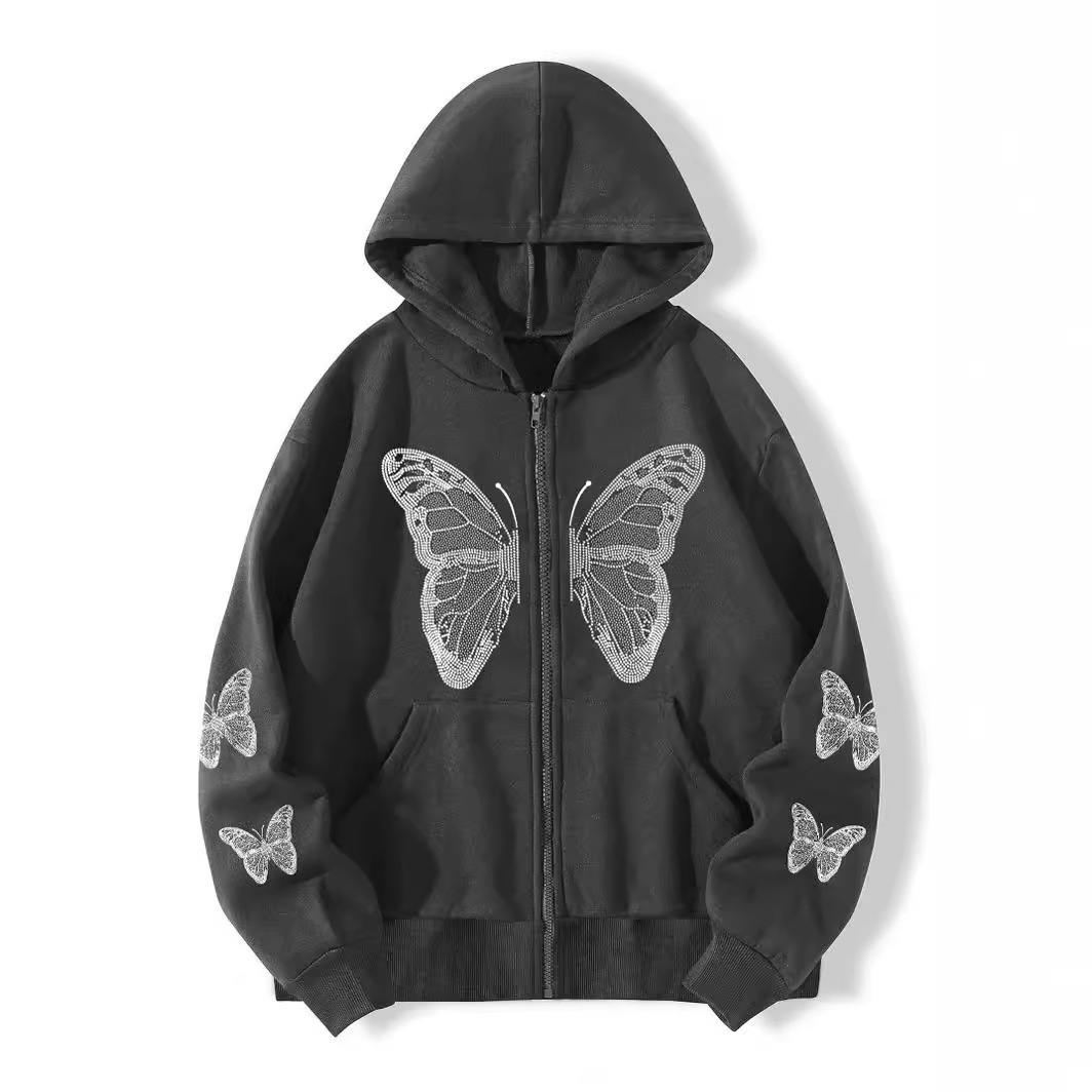 Autumn winter Y2K butterfly oversized loose pocket hooded zipper womens hoodie jacket 231007
