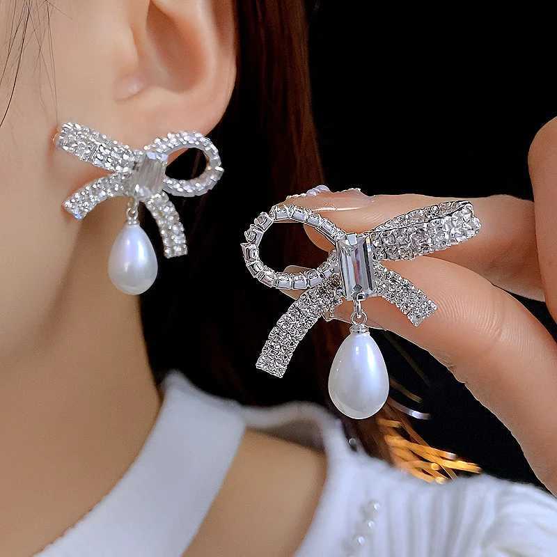 Korean Style Light Luxury Unique Imitation Pearl Bow Dangle Earrings For Women Fashion Elegant Crystal Jewelry Party Gifts Y250401