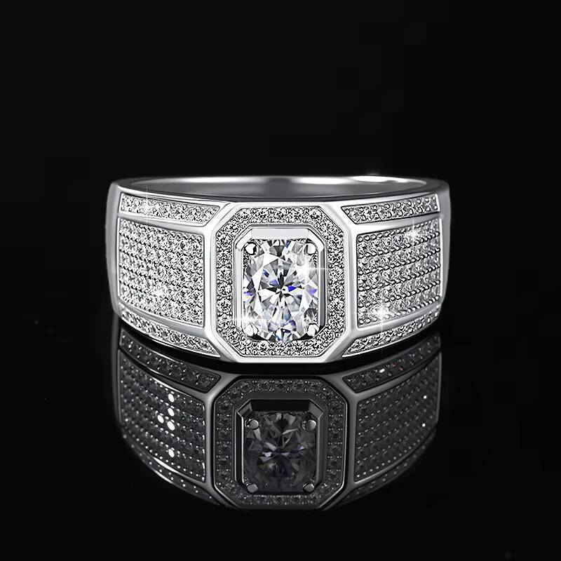 With GRA S925 Sterling Silver Full Diamond Inlay Oval Cut Vvs D Color 1Ct White Moissanite Ring for Men Wedding Band