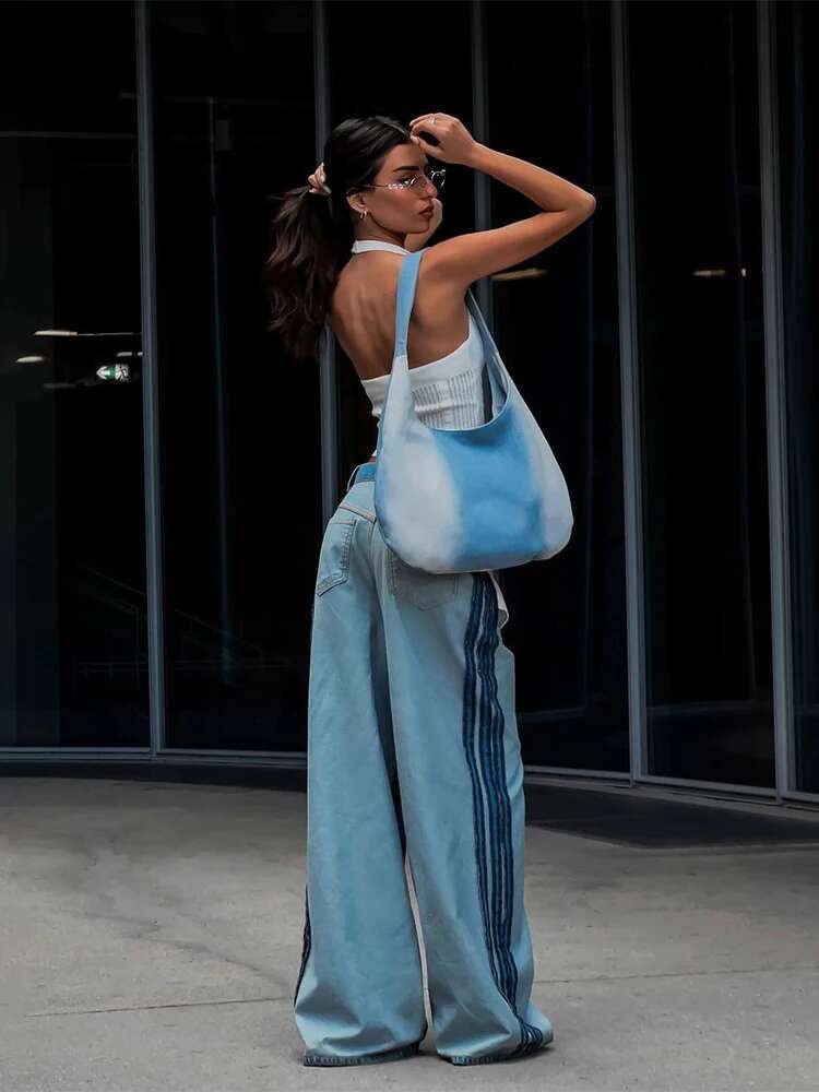 Vintage Patchwork Women Denim Pants Low Rise Baggy Wide Leg Jeans Distressed Dragging Trousers High Street Hip Hop Casual Pant