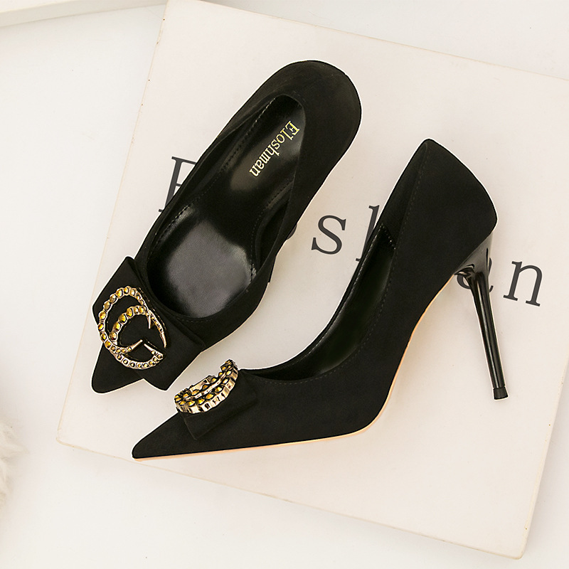 European and American fashion elegant banquet women's shoes high-heeled suede rhinestone metal buckle wedding shoes high-heeled pumps