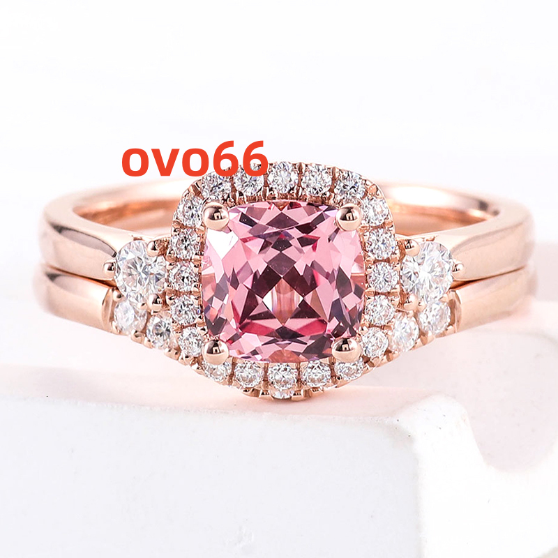10K 14K 18K rose Gold Morganite Pink Lab Grown Sapphire Wedding Ring Set Cushion Cut Moissanite HaloEngagement Ring