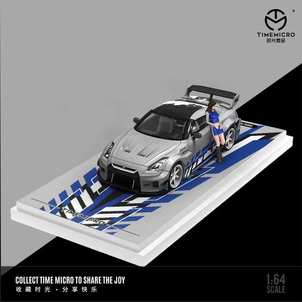 TimeMicro 1 64 H300 transport trailer and GTR35 silver and blue painted alloy car models for collection display and gifting X250402