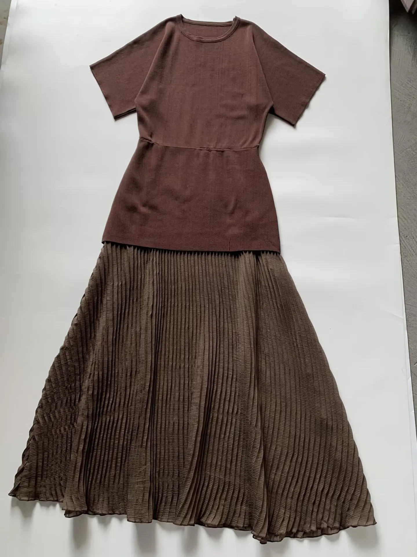 Summer Womens Fashion Knitted Splicing Long Skirt Casual Half Sleeve Loose Two piece Dress 250402m