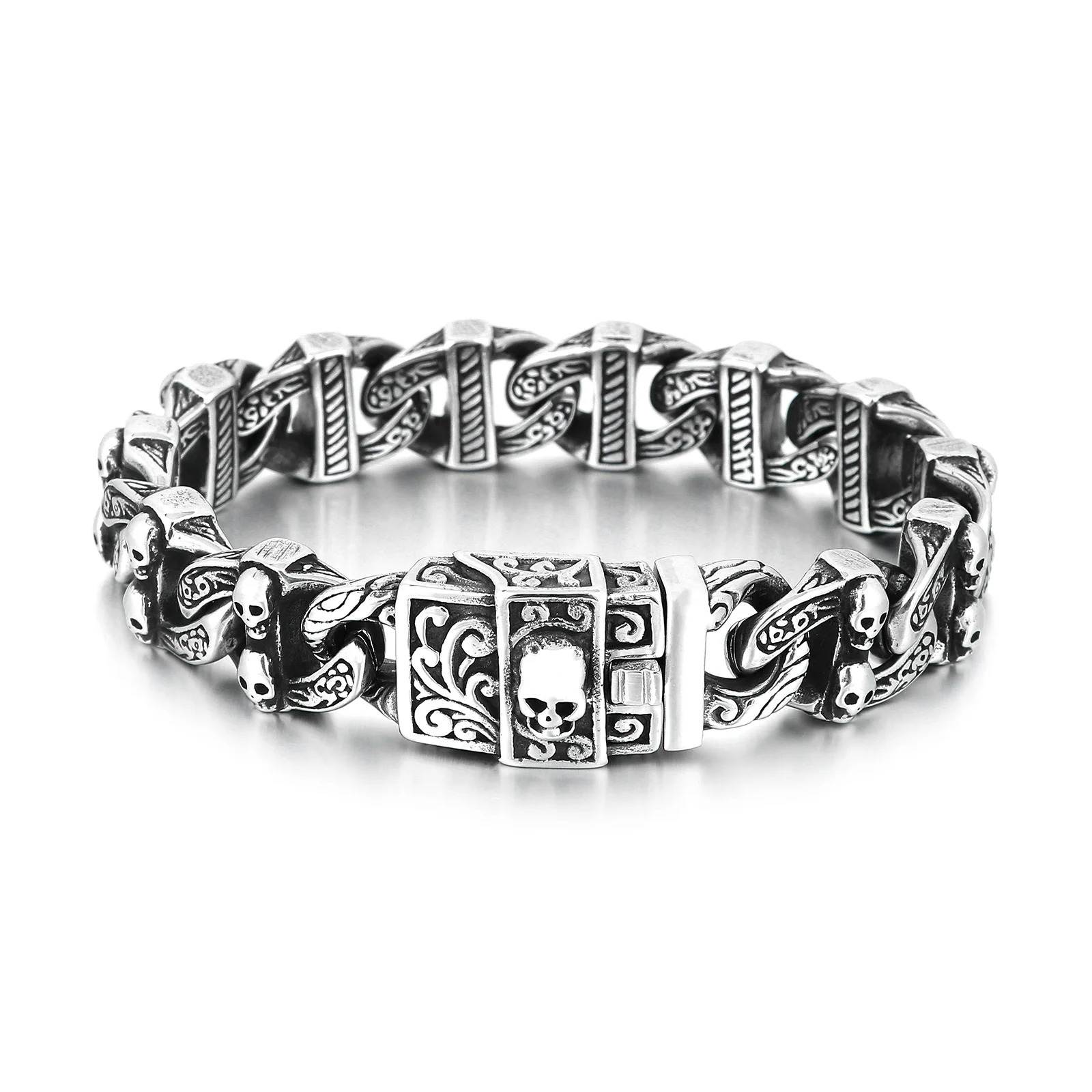 15mm Skull Bone Charm Link Chain Bracelet For Men 316L Stainless Steel Punk Jewelry 251028