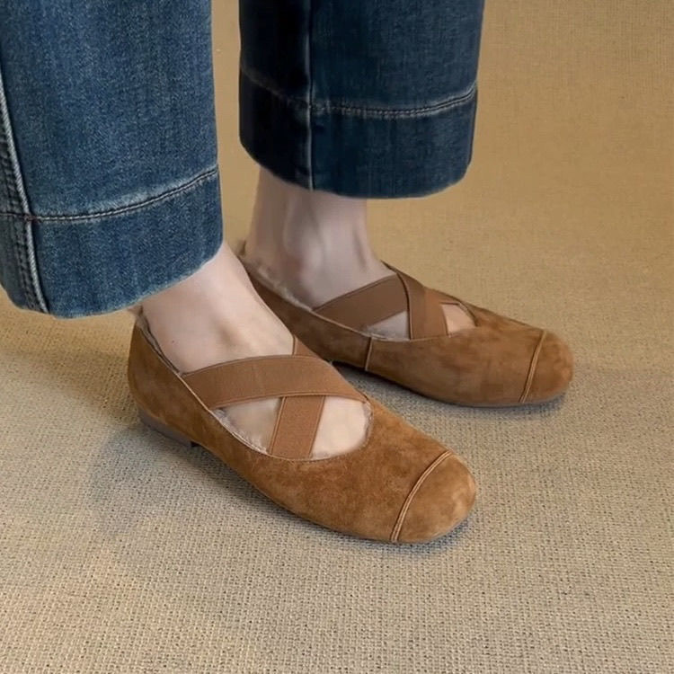 Sheepskin version ~ genuine leather retro fleece warm cross belt one foot slip-on shoes women's frosted flat versatile shoes