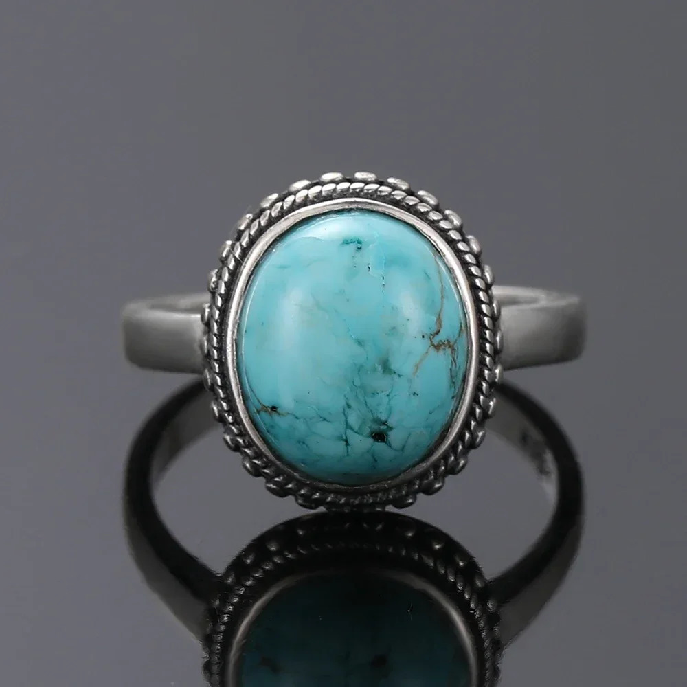 S925 Sterling Silver Vintage Ring With Natural Turquoise Stone Rings Oval and Round Shape Flower Carved Rings For Women Men 251031
