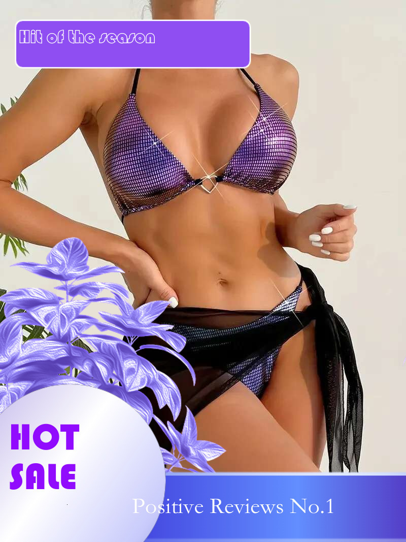 Dongdumaoyi Sexy Sparkling Purple Bikini Set Women Metal Heart Designer Sequin Mesh Skirt Piece Swimsuit Beach Bathing Suit Swimwear