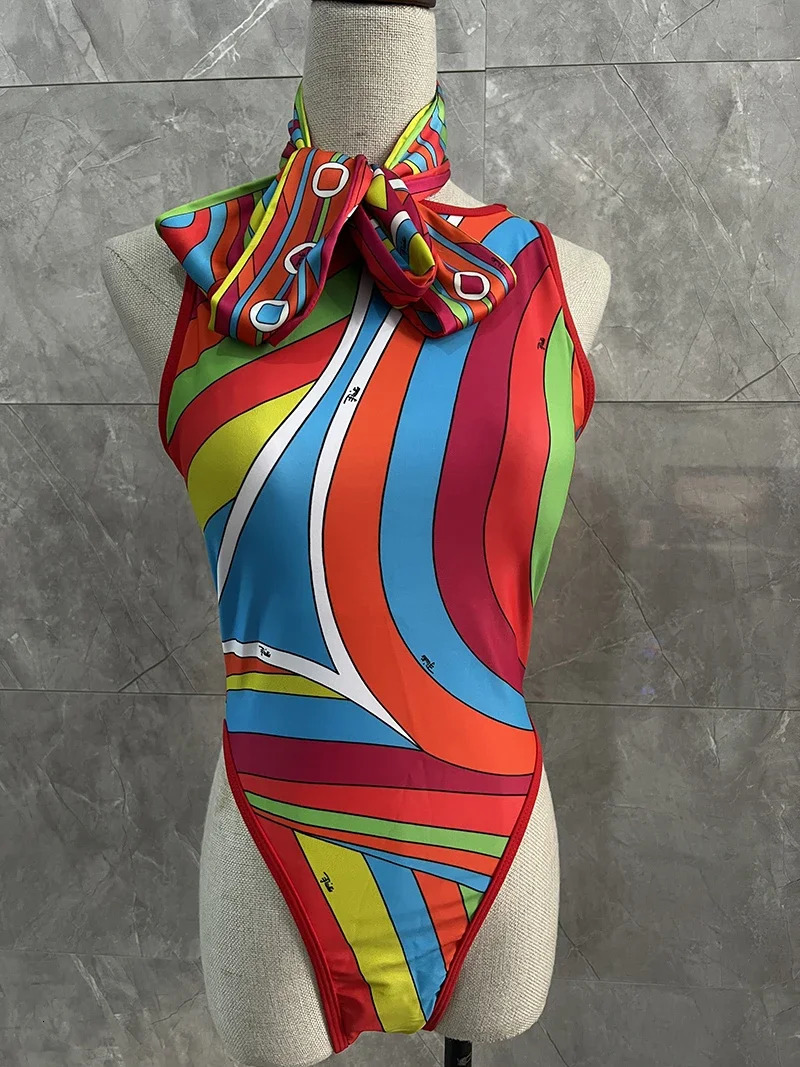 n womens red swimsuit scarf bikini set European fashion beach sexy onepiece 250402