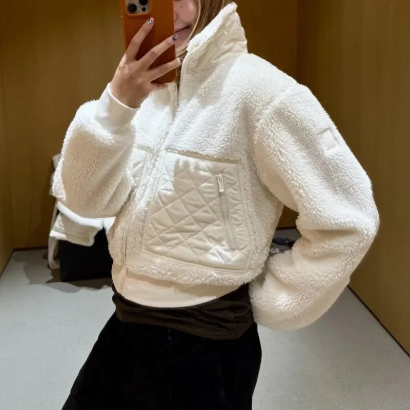 Lamb Plush High Waist Thicken Coats Standup Collar Zipper Winter Jacket Women Outerwear Fashion 2025 Autumn Warm Coat 251030