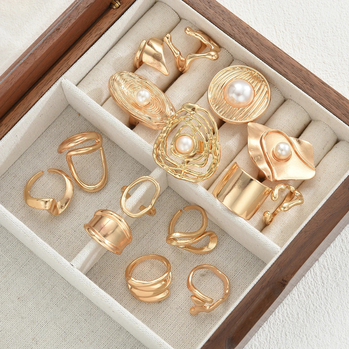 15pcs Punk Smooth Geometric Open Rings Set For Women Exaggerated Asymmetrical Gold Color Floral Thick Chunky Rings Party Jewelry 251031