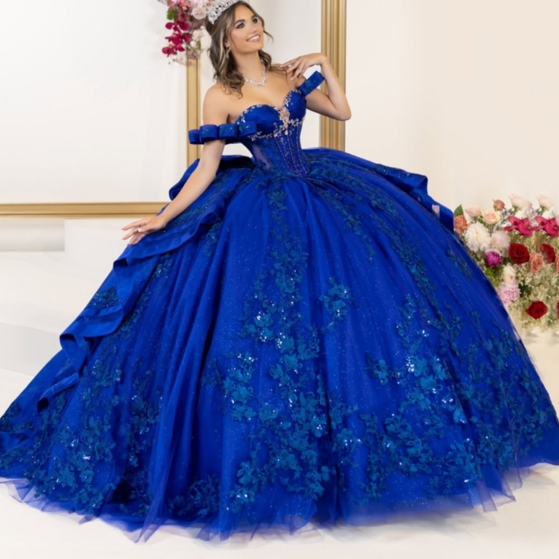 Royal Blue Shiny Quinceanera Dresses Off The Shoulder Applique Lace Beading Crystal Bow Tull Party Birthday Sweet 16 Dress Vestidos 15 Anos