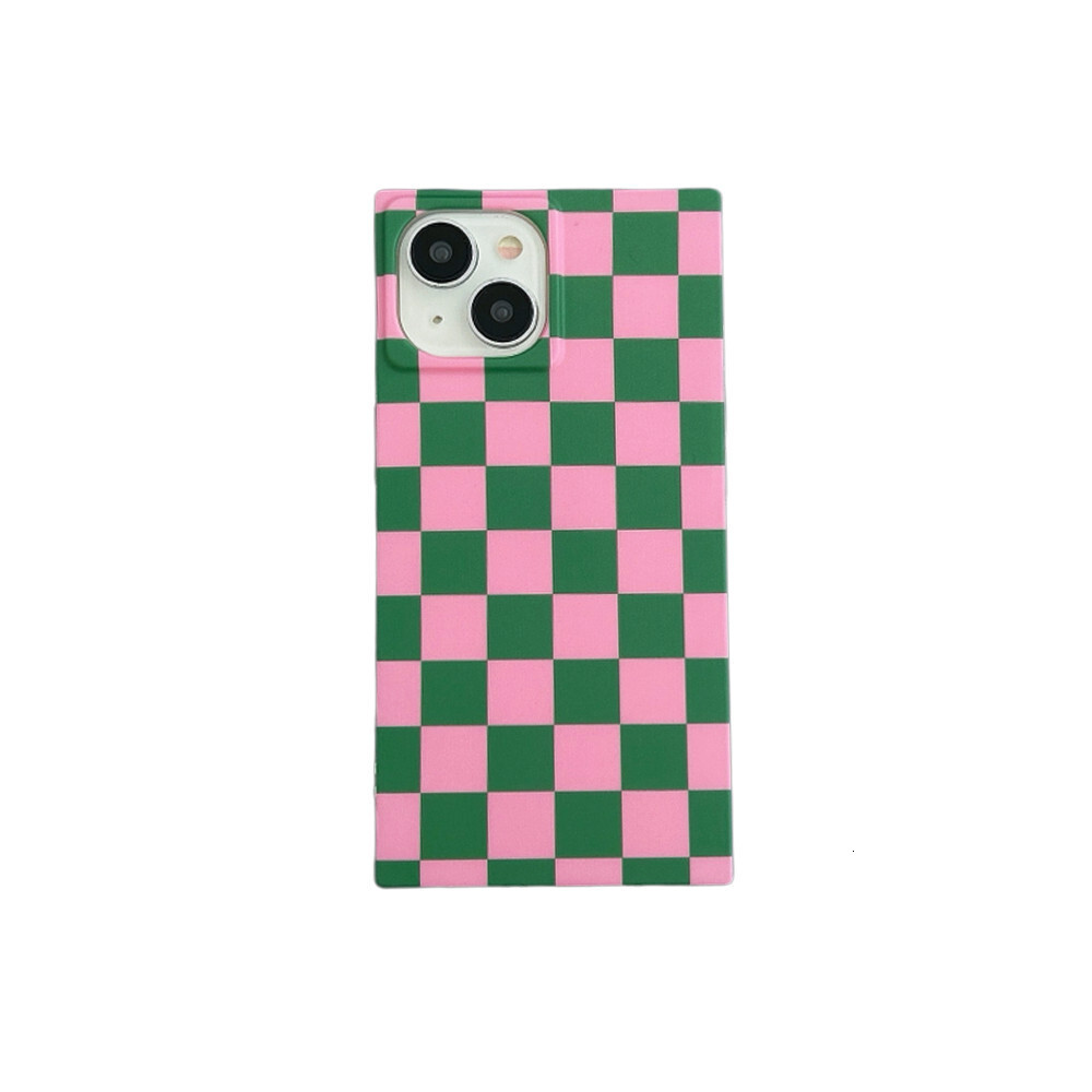 INS Pink Green Checkerboard Square Phone Case Compatible with iPhone 17/16/15 Pro Max Niche Full Coverage iPhone 14/13 Pro