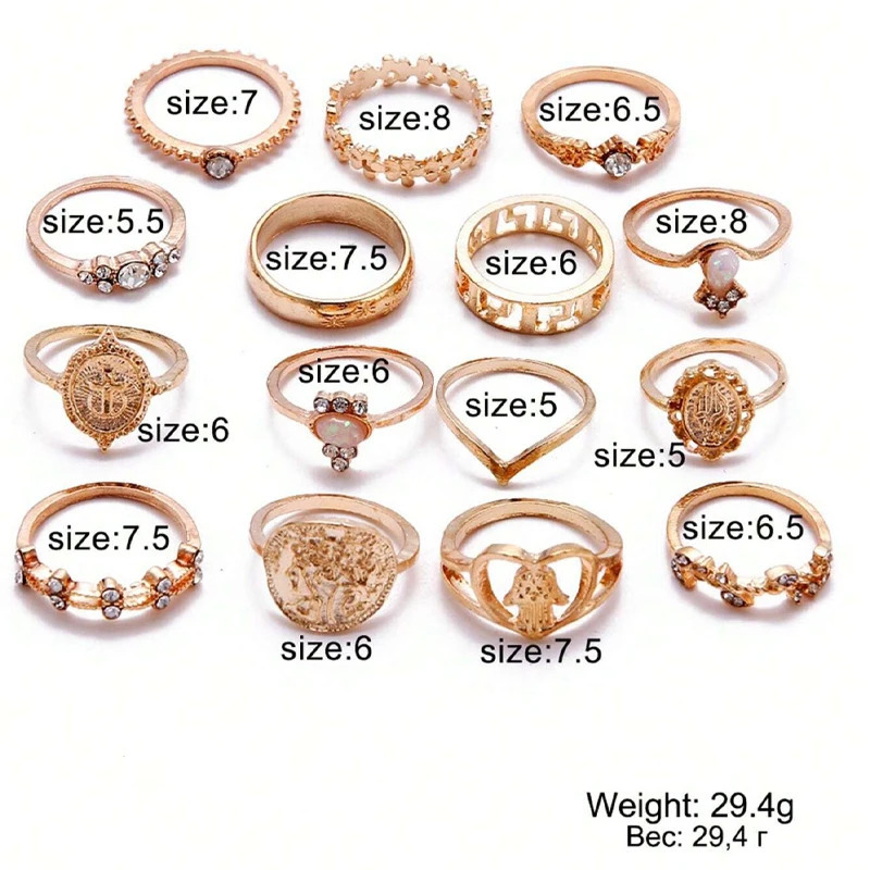 15Pcs Vintage Rings Set For Women Fashion Cross Floral Palm Pattern Crystal Geometric Rings Trendy Finger Jewelry Gifts 251031