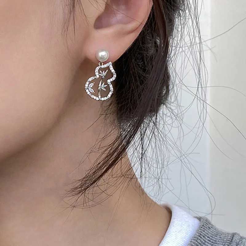 Light Luxury Exquisite Full Zirconium Bamboo Leaf Gourd Pearl Stud Earrings For Women Fashion Crystal Jewelry Party Gifts Y250401