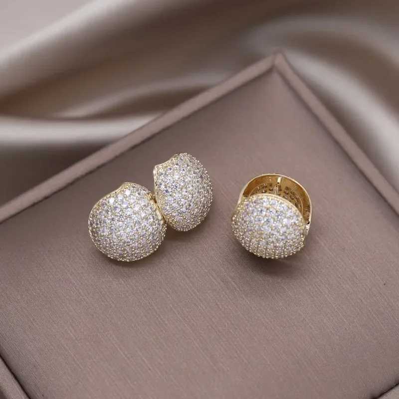 Korean New Design Fashion Jewelry Gold Plated Double Zircon Round Earrings Luxury Womens Party Accessories Y250401