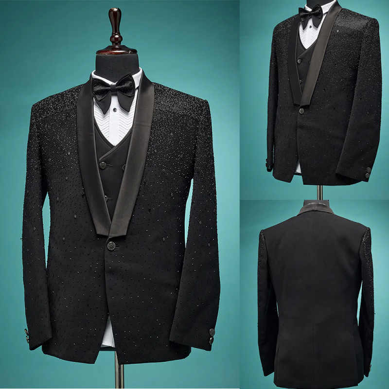 Black Beaded Wedding Tuxedos Shawl Lapel Fashion Men Suit 1 Piece Set Jacket One Button Groom Wear Business Blazers Customized