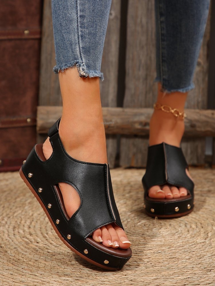 New designer sandals with free shipping Summer New Sponge Cake Thick Slope Heel Women's Velcro Large Rivet Flat Bottom Fish Mouth Sandals