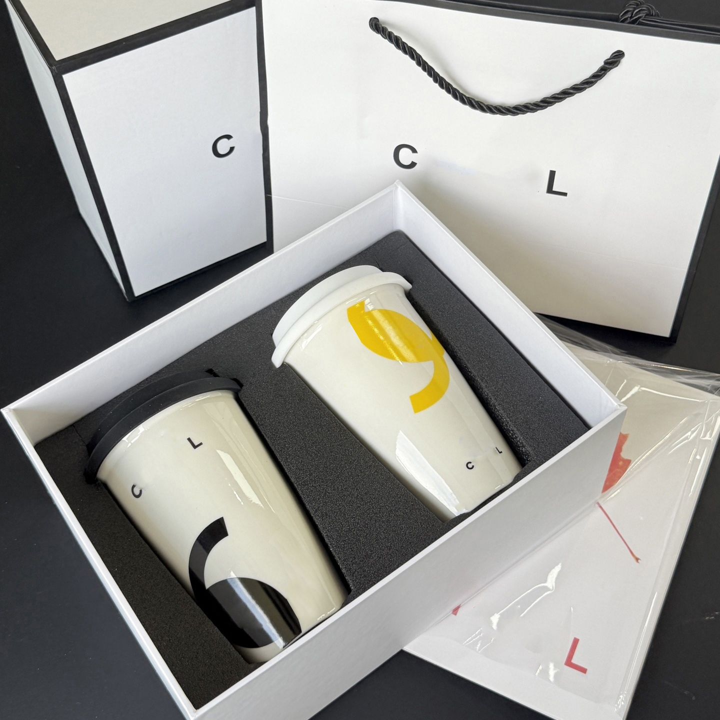 Brand Designer Tumblers Ceramic Mugs Water Coffee Cups set In-car Out door office With Gift Box Letters Mug Flat Bottom Portable