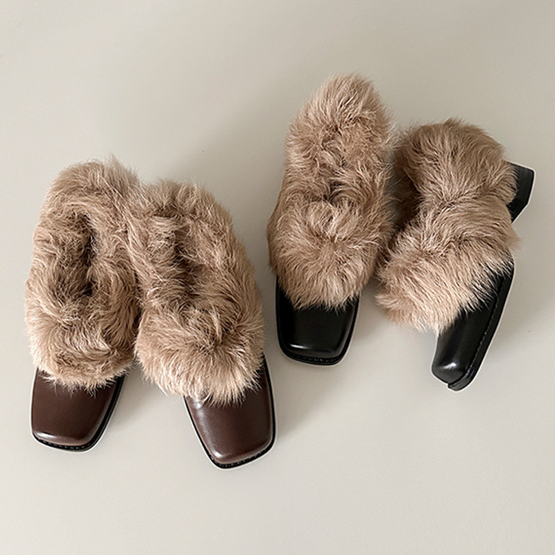 Cowhide version ~ square toe wool shoes one foot retro fleece warmth Mary Jane small leather shoes cotton shoes thick heel shoes
