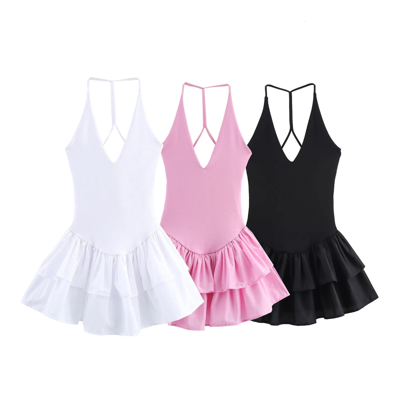 ZBZA Womens Ombination Halter Dress Vneck Sleeveless Back Cross with Ruffles Mini Skiing SpringSummer Fashionable Short Skirt 250402m