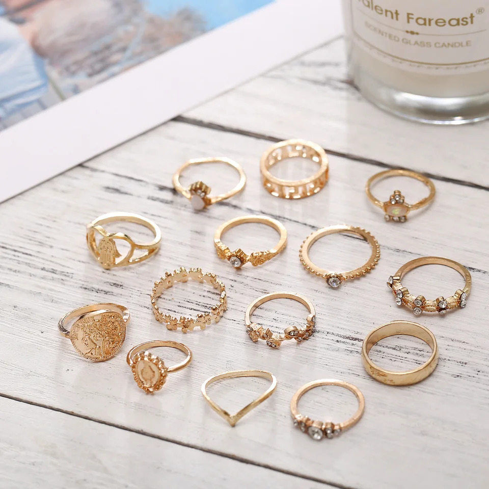 15Pcs Vintage Rings Set For Women Fashion Cross Floral Palm Pattern Crystal Geometric Rings Trendy Finger Jewelry Gifts 251031