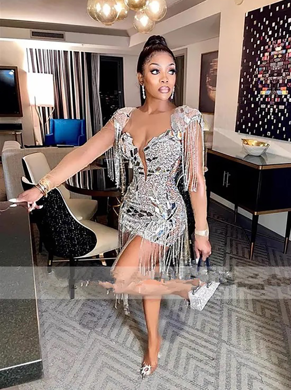 Dress Prom Dresses For Black Girls Sexy Mini Cocktail Gown Beaded Tassels Party Homecoming Gowns Sparkly Silver Celebrity Evening Dress