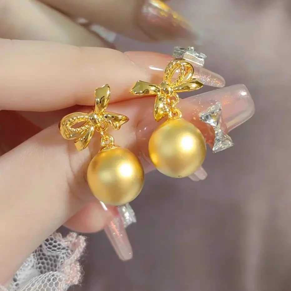 24K gold AU999 bow brush spherical stud earrings hand polished luxury earrings birthday gift with gift box Y250401