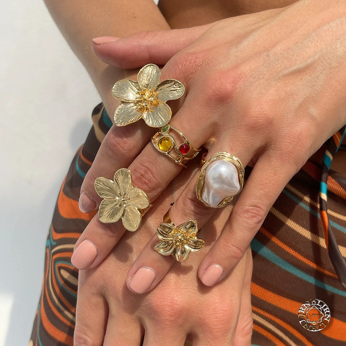Rings Set Vintage Gold Color Geometric Pearl Flower Metal Finger Ring Set Trendy Jewelry for Women Accessories 251031