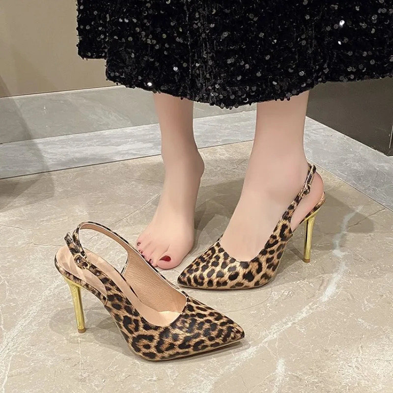 Leopard Print Pointed Toe Office Lady Shoes Autumn Shallow Stilettos Large Size Ankle Strap Women High Heels Pumps 251030