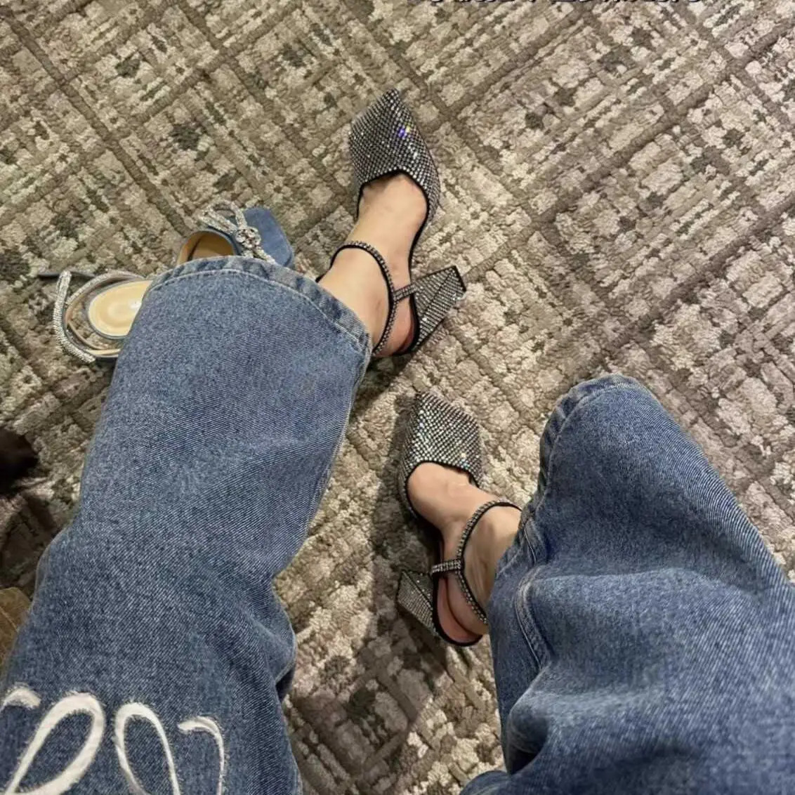 Sexy Rhinestone Buckle Womens Chunky High Heels Square Toes Sandals Party Elegant Block High Heels Sandalias Mujer 251030